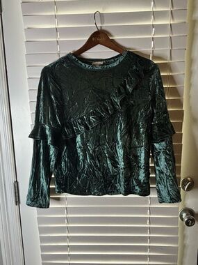 Ruffled Velvet Long Sleeve Top - Dark Green